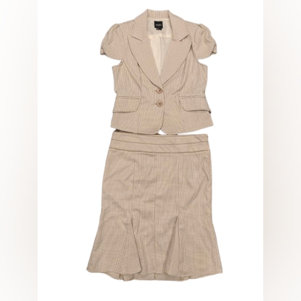 XOXO Women’s Beige Houndstooth Blazer & Skirt Set Career Office Suit